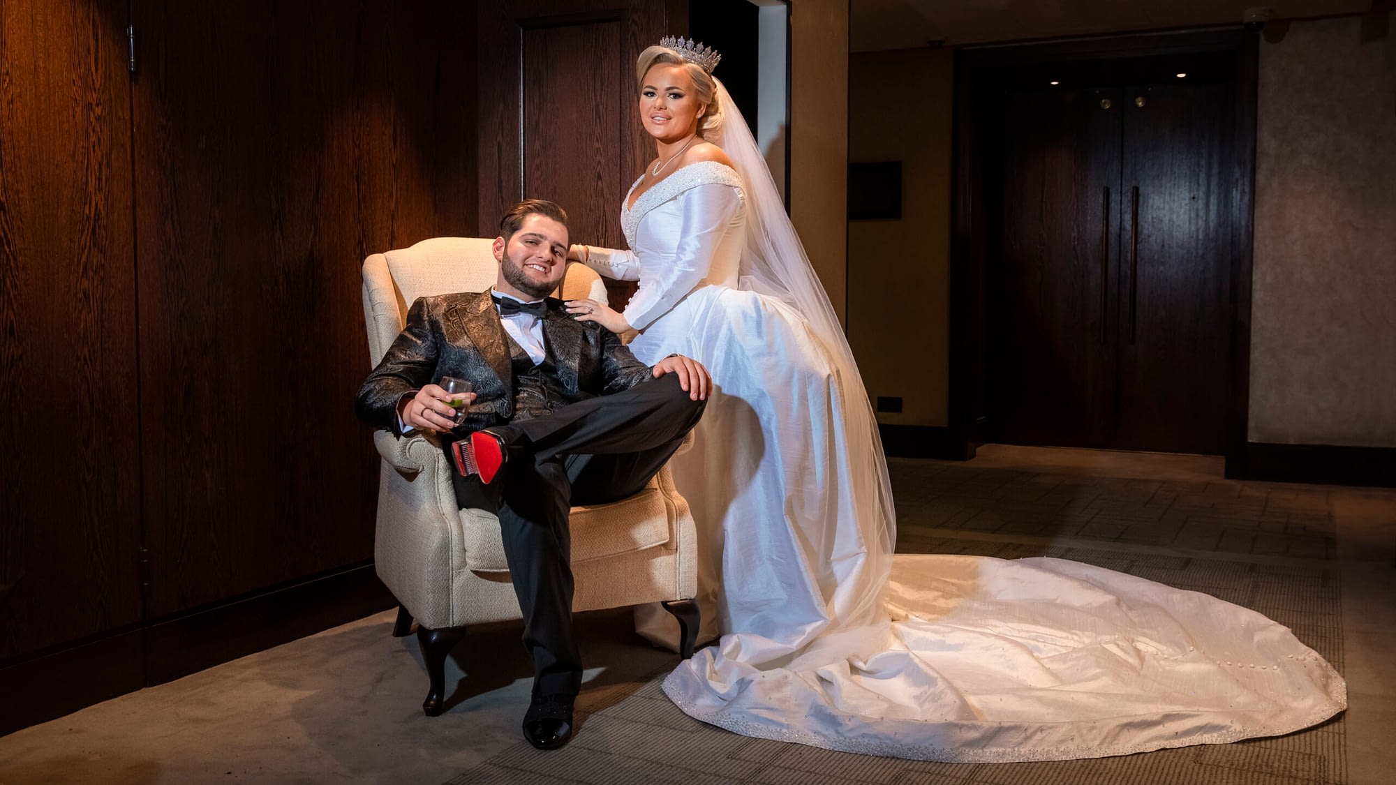 bride and groom indoors