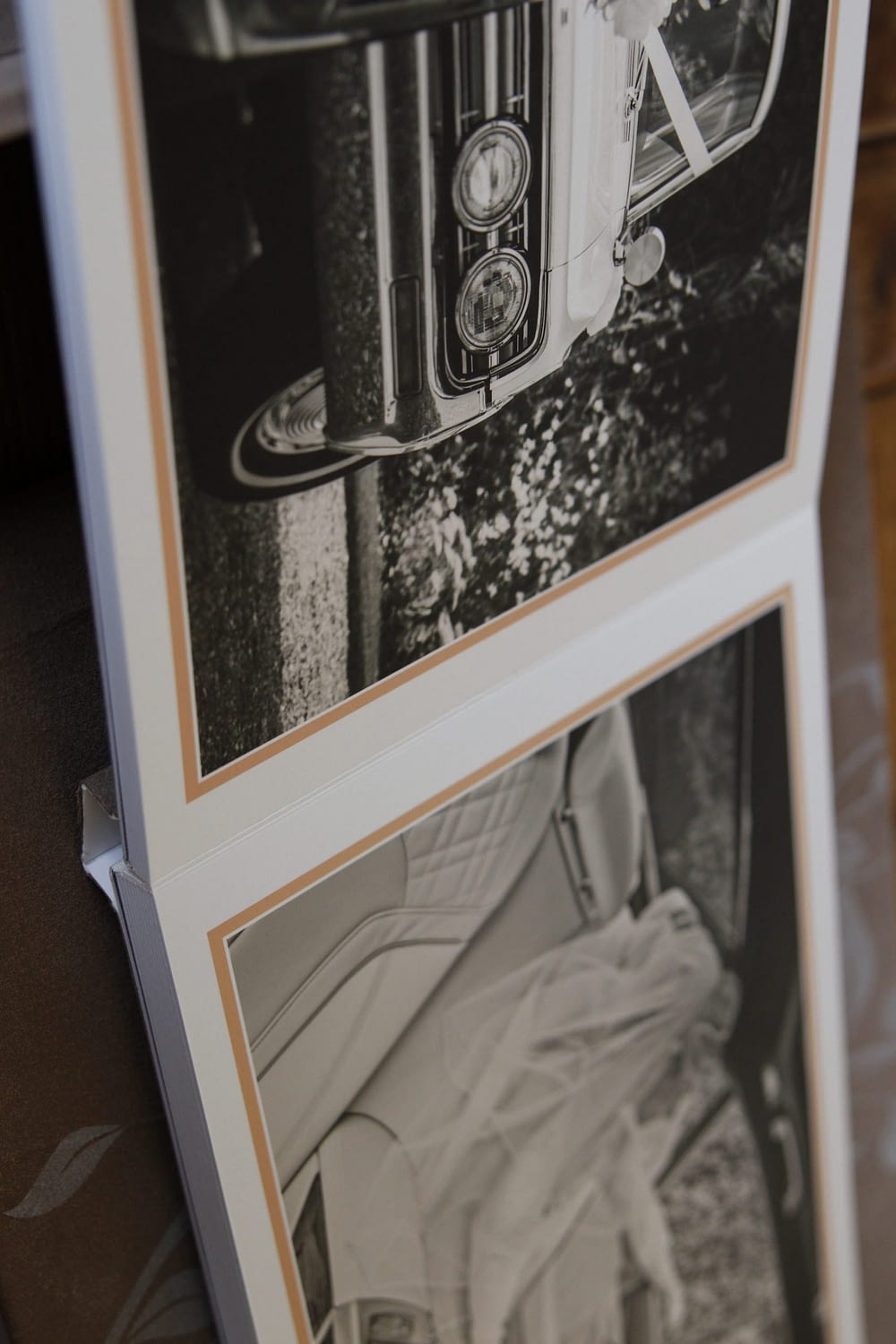 open book showing picture of car and a bride