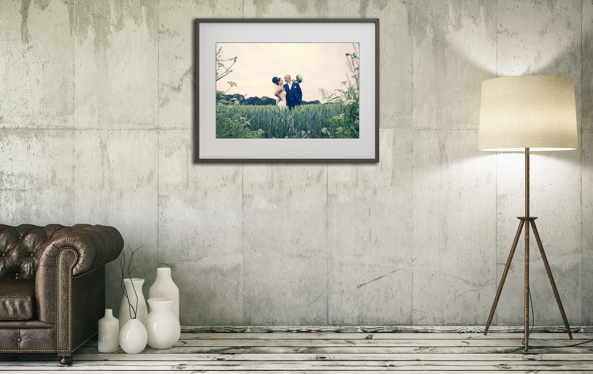 wedding picture hanging on the wall indoors
