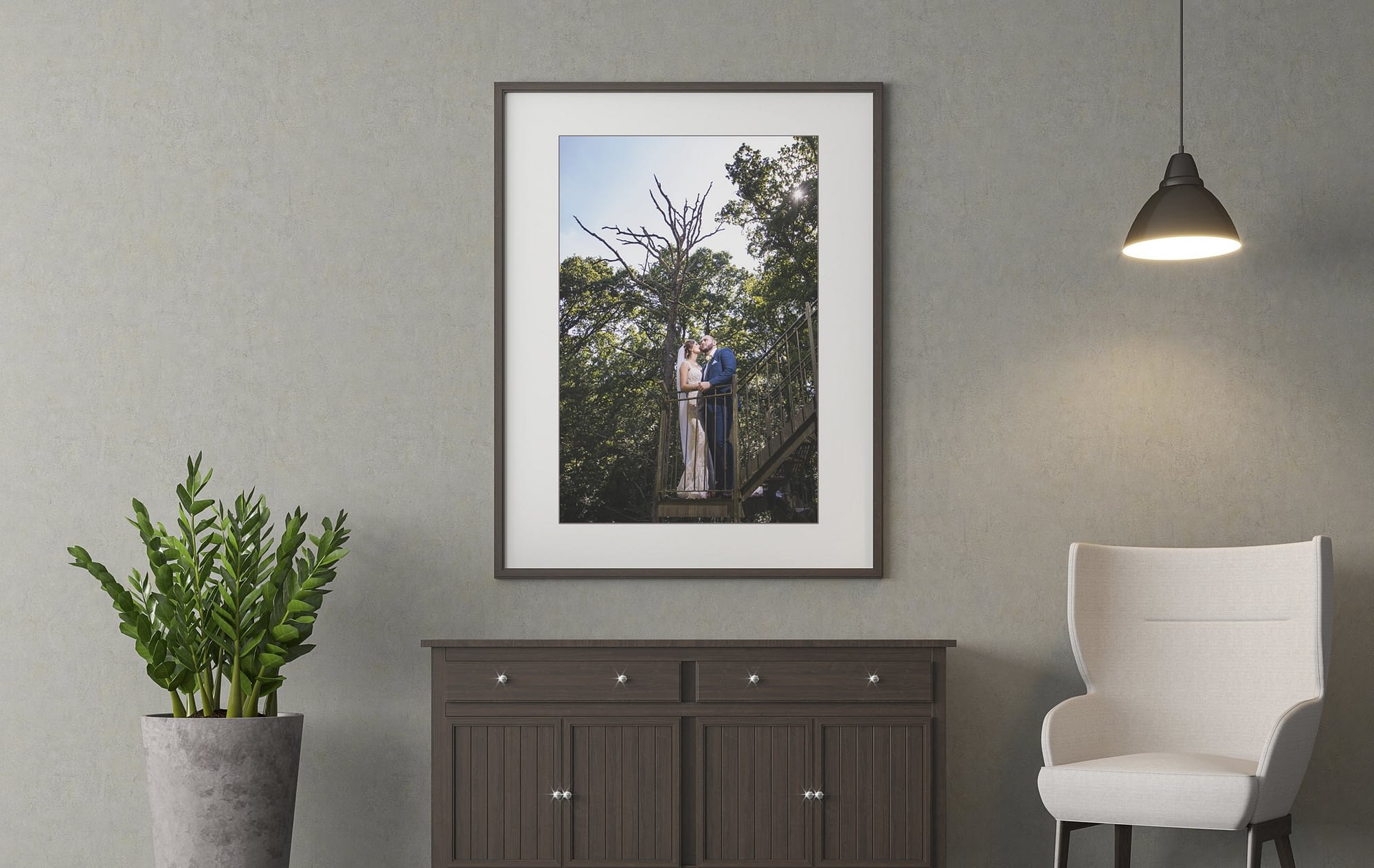 wedding picture hanging on the wall indoors